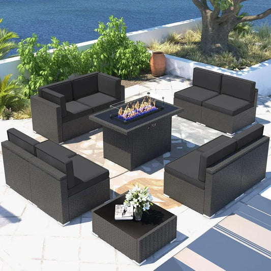 Patio Furniture Set  Fire Pit Table, Outdoor Sectional Wicker Conversation Sofa Sets