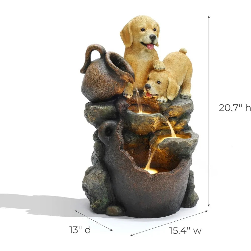 Puppy Rock Tower Farmhouse Resin Fountain with Lights, Outdoor Water Fountain