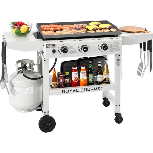 3-Burner Propane Gas Griddle with Foldable Side Tables, 28-Inch Flat Top Grill with 492 Sq. In.