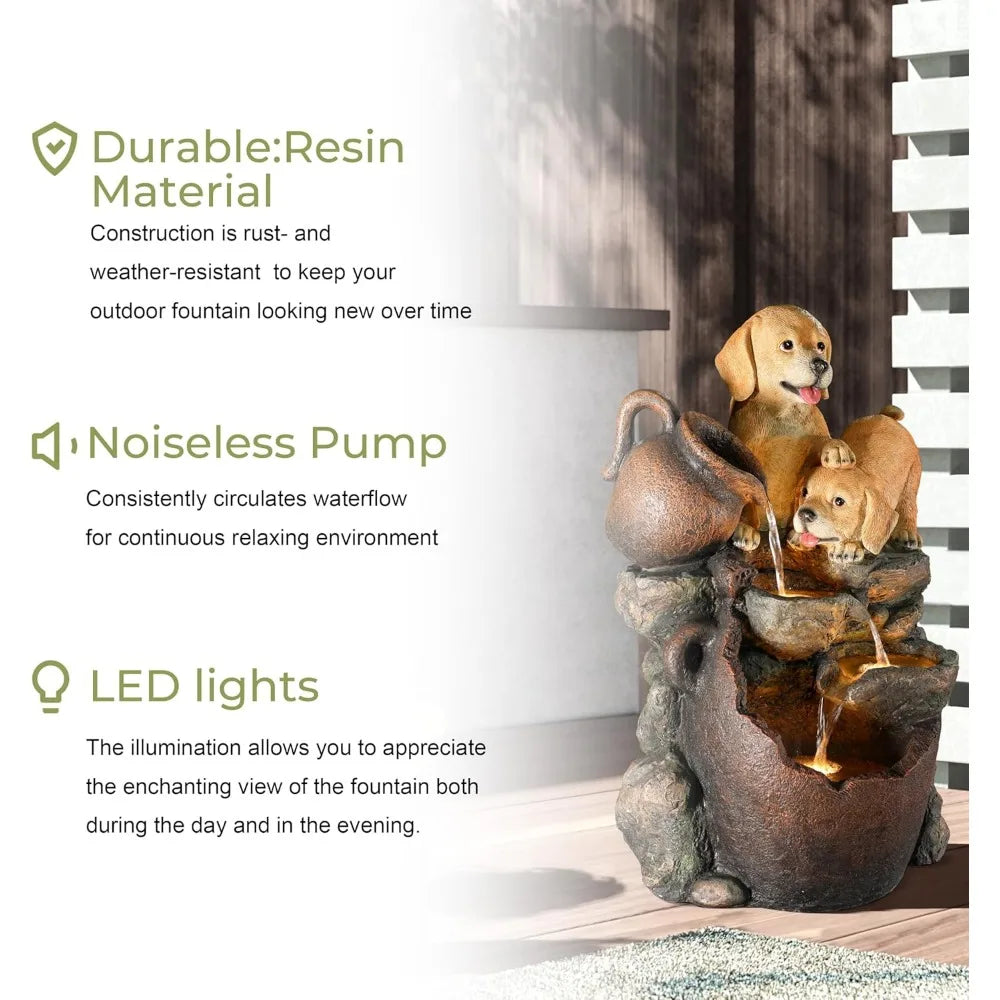 Puppy Rock Tower Farmhouse Resin Fountain with Lights, Outdoor Water Fountain