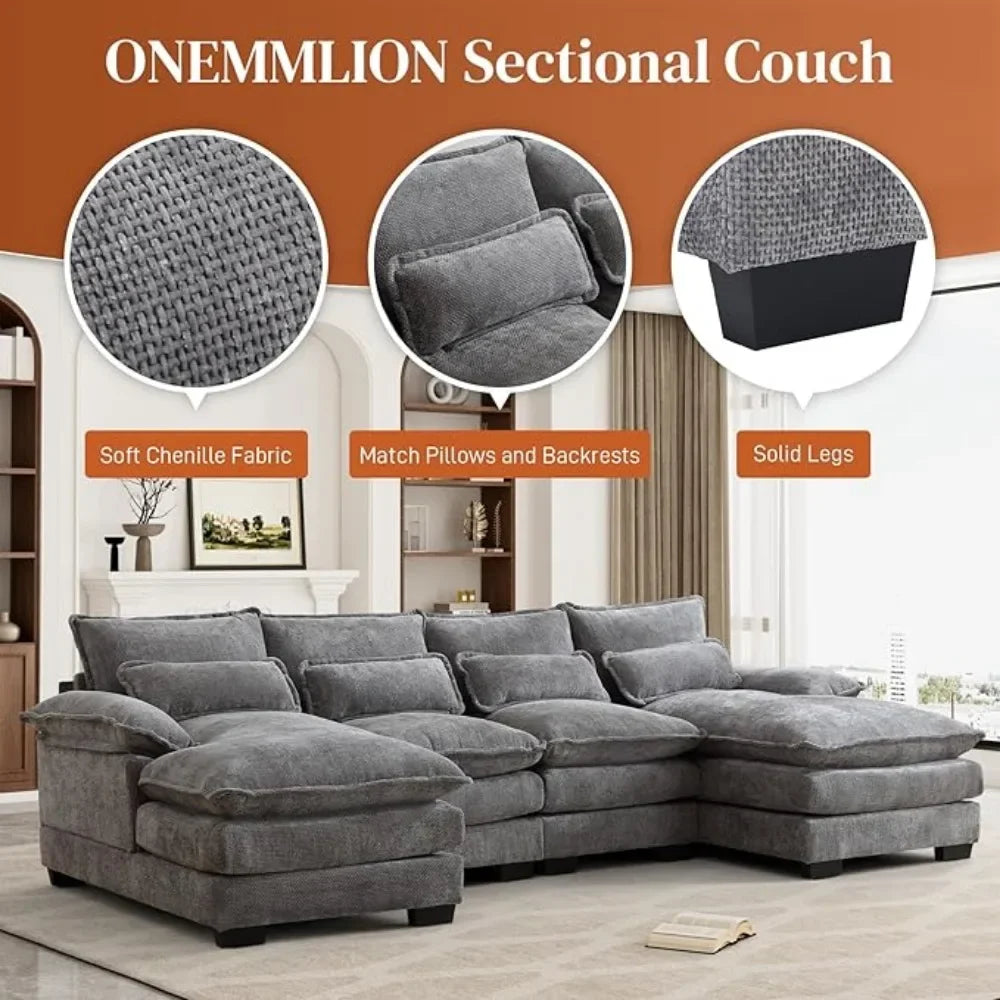 110" U Shape Sectional Cloud Couch,Modern Chenille Comfy Modular Sofa, 4 Seat Sleeper,Double Chaise