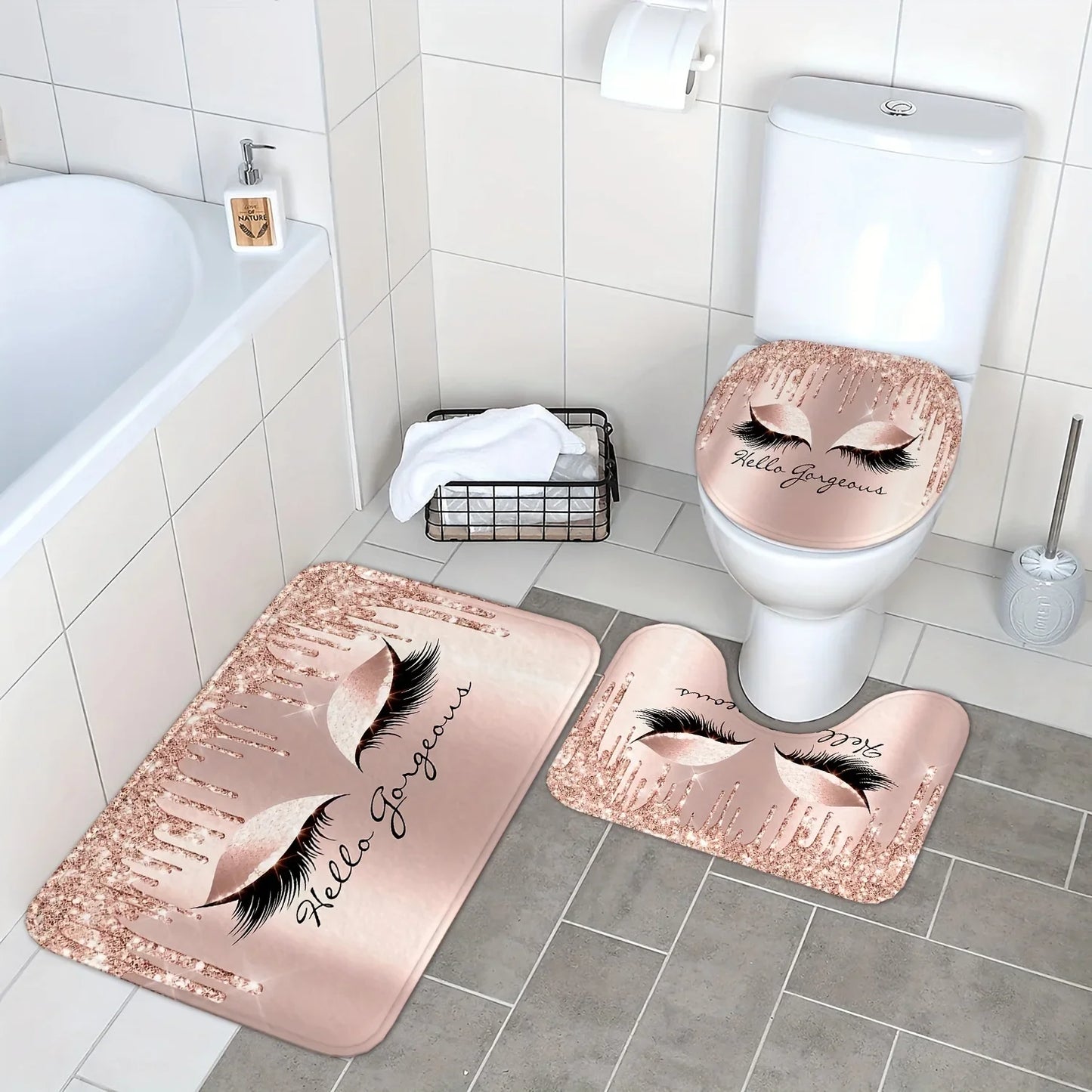 4pcs Pink Eyelash Shower Curtain Set - Waterproof and Easy-to-Clean with 12 Durable , Non-Slip Rug, Soft Toilet Lid Cover Pad,