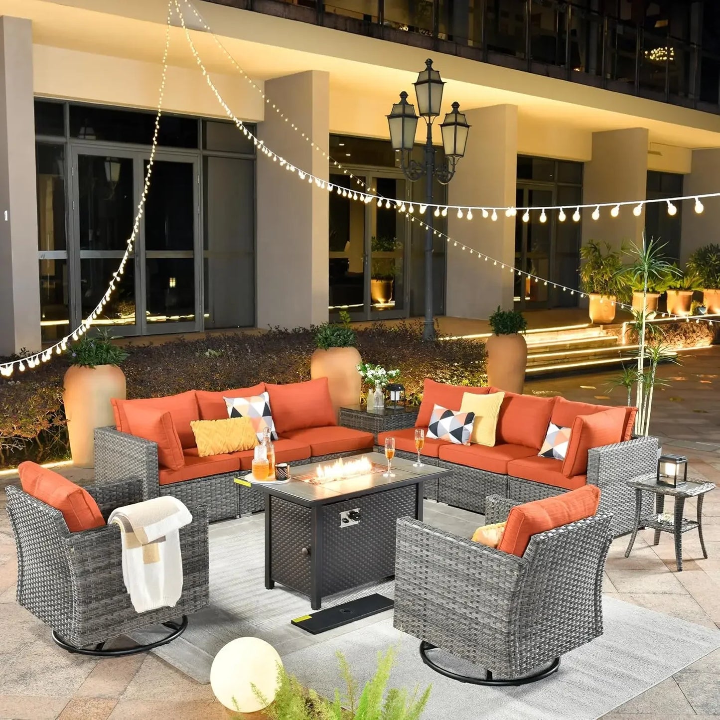 11 Piece Patio Furniture Set with Fire Pit Table, Conversation Sectional Wicker Couch with Swivel Chairs