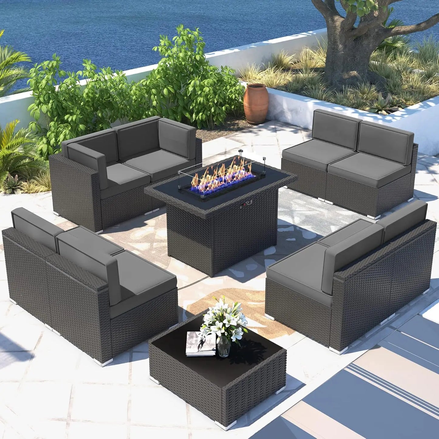 Patio Furniture Set  Fire Pit Table, Outdoor Sectional Wicker Conversation Sofa Sets