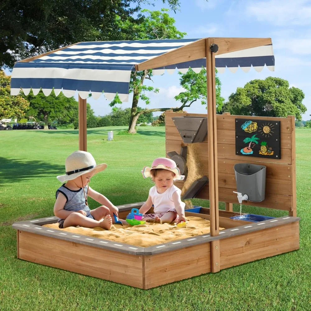 Kids Large Wooden SandBoxes with Roof, Outdoor Sand Box Play w/Canopy
