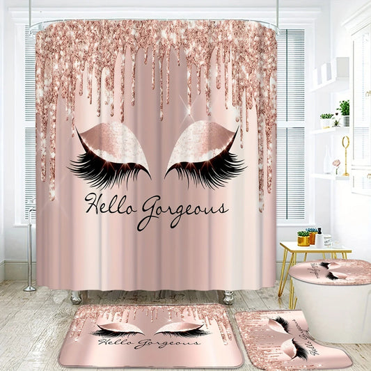 4pcs Pink Eyelash Shower Curtain Set - Waterproof and Easy-to-Clean with 12 Durable , Non-Slip Rug, Soft Toilet Lid Cover Pad,