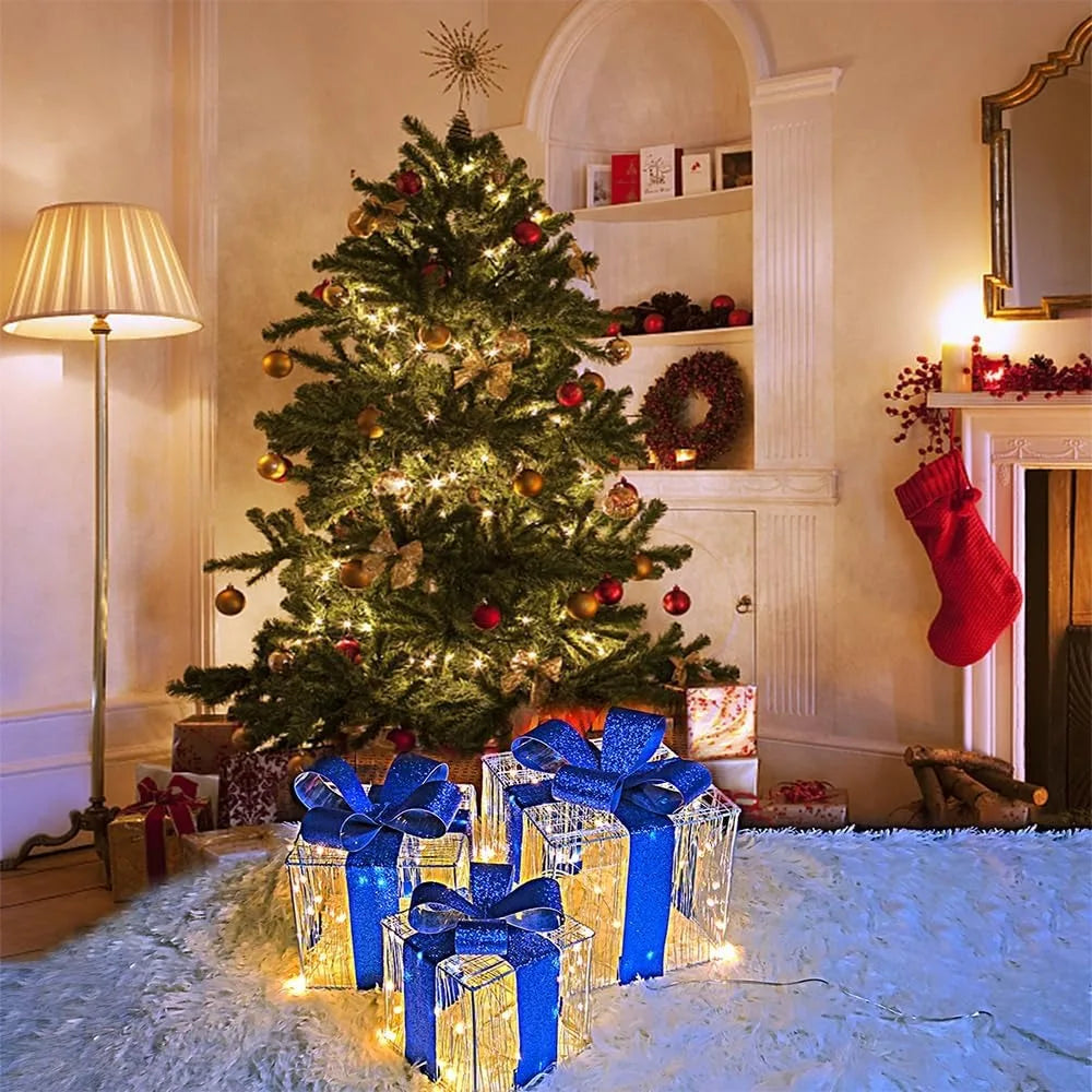 Set of 3 Christmas Lighted Gift Boxes 140 LED Light Up Xmas Present Ornament for Tree Indoor Outdoor Yard