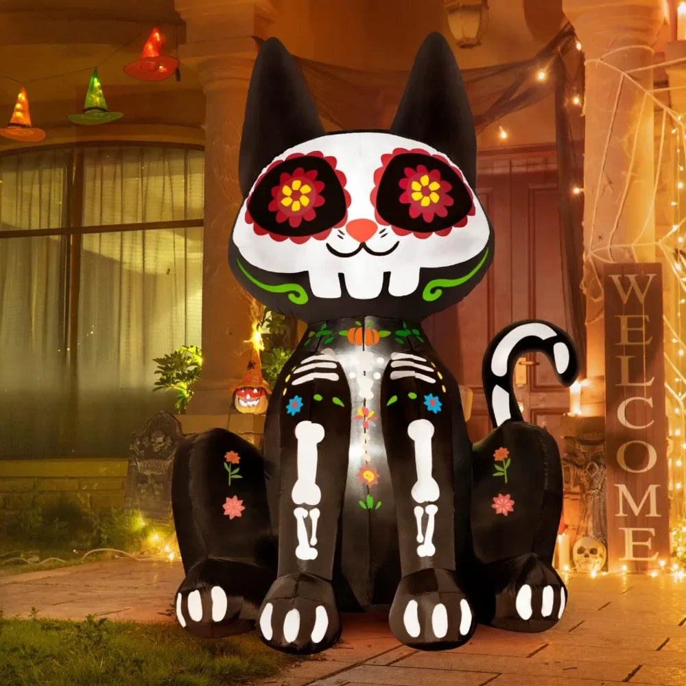 6Ft Halloween Decorations Inflatable Black Cat Halloween Sugar Skull Blow Up