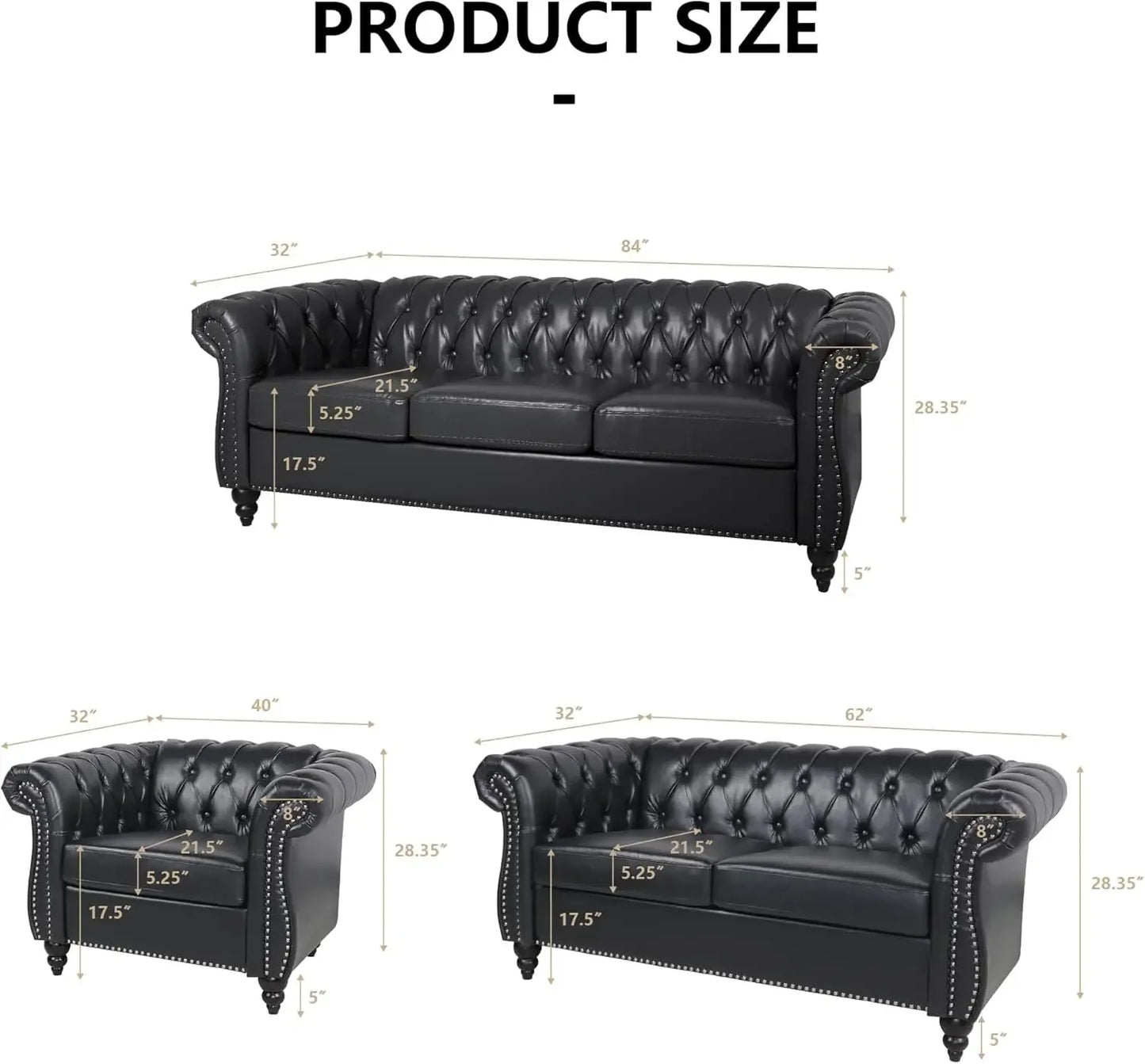 3 Pieces of Living Room Furniture Sofa Sets, Modern Faux Leather Chesterfield Sofa&Chesterfield Club Chair