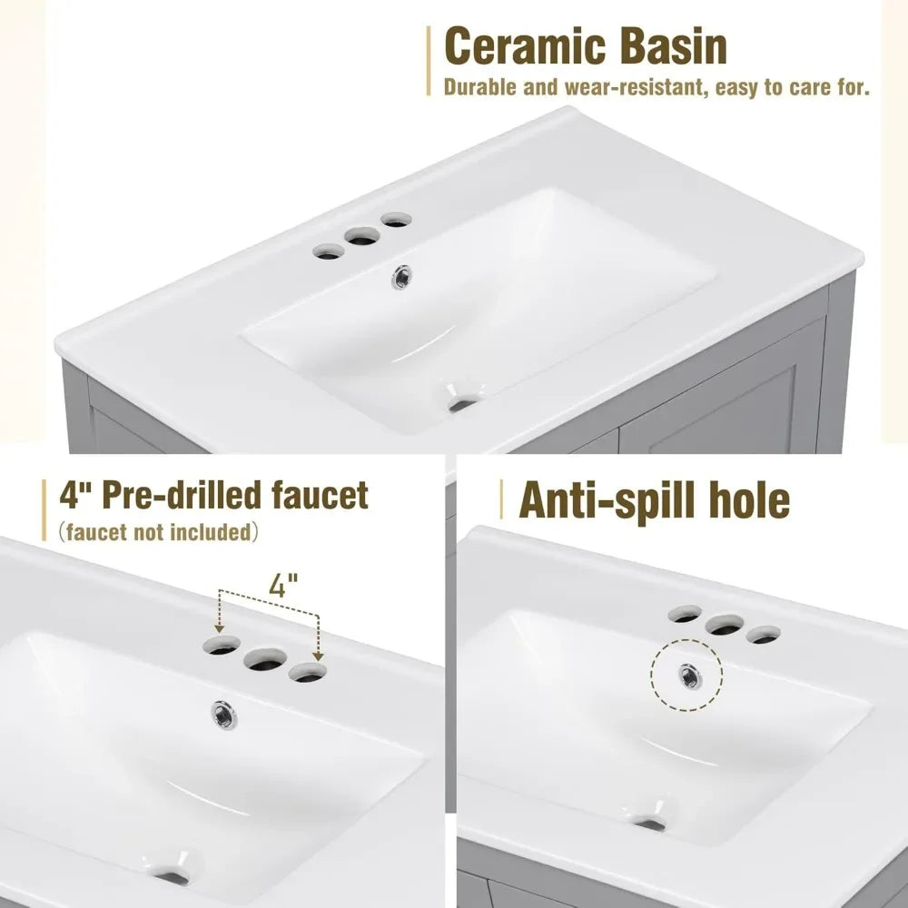 30 Inch Bathroom Vanity with Sink, Solid Wood Bathroom Cabinet with One Drawer and 2 Doors, Multifunctional Storage Organizers