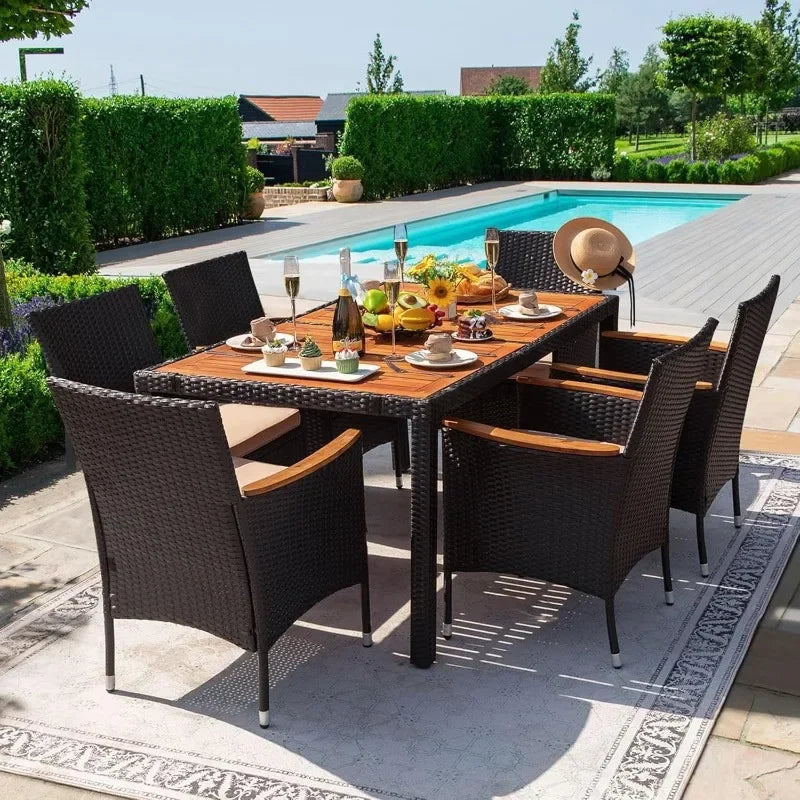 7 Pieces Outdoor Patio Furniture Set with Acacia Wood Table Top