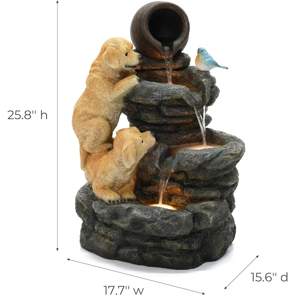 Puppy Rock Tower Farmhouse Resin Fountain with Lights, Outdoor Water Fountain