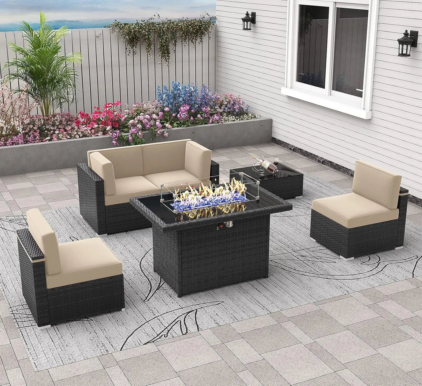Patio Furniture Set  Fire Pit Table, Outdoor Sectional Wicker Conversation Sofa Sets