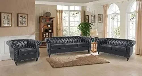 3 Pieces of Living Room Furniture Sofa Sets, Modern Faux Leather Chesterfield Sofa&Chesterfield Club Chair