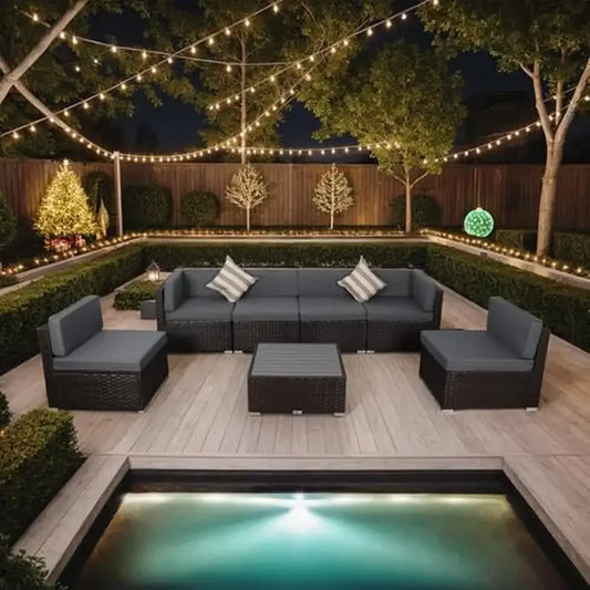 Outdoor Patio Furniture Set 7-Piece PE Rattan Wicker Sofa Sectional with Tea Table and Cushions