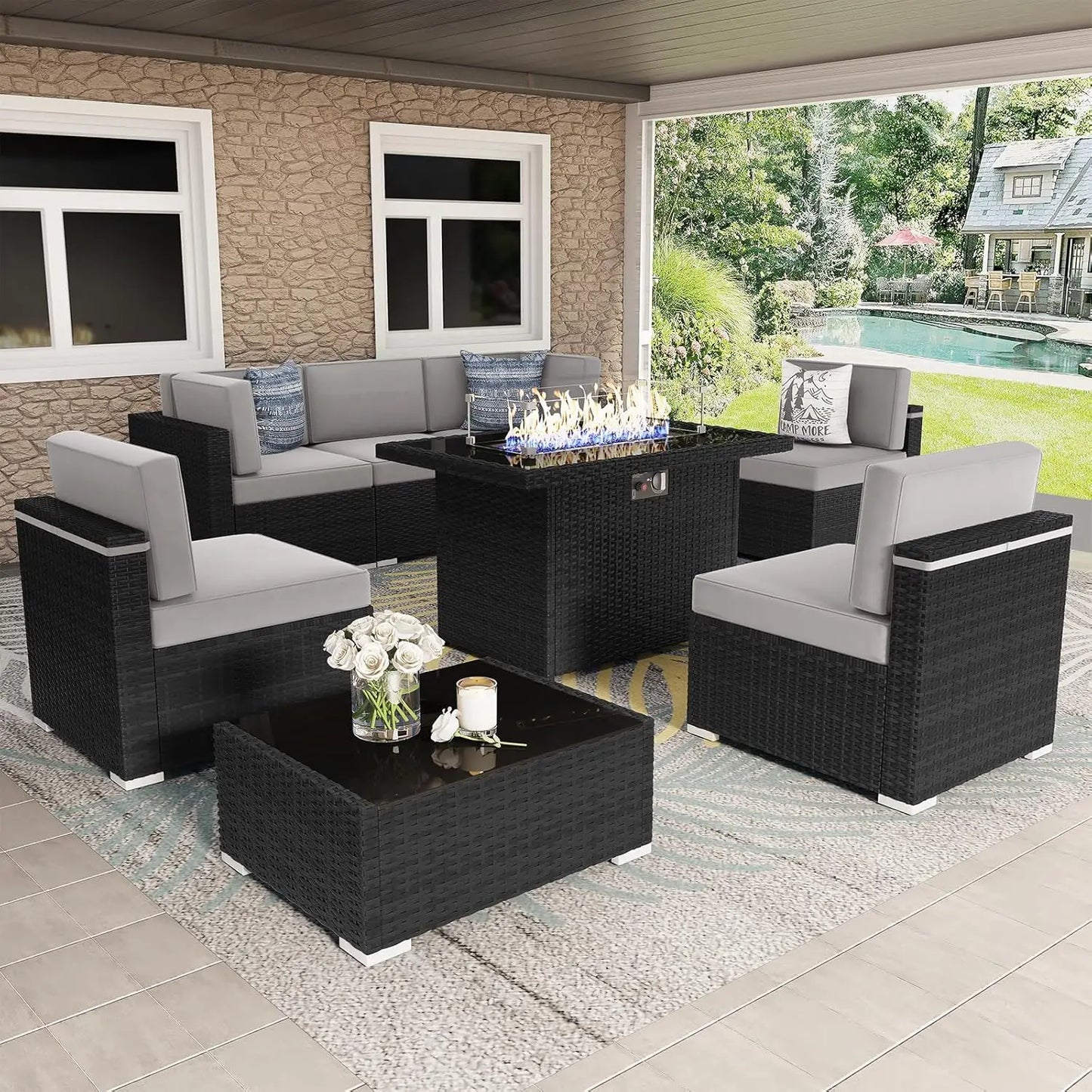Patio Furniture Set  Fire Pit Table, Outdoor Sectional Wicker Conversation Sofa Sets