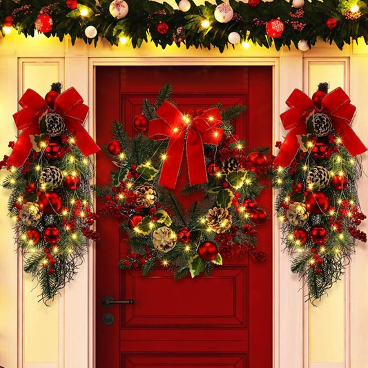 3 Pcs Christmas Pre Lit Wreath and Swag with Lights Artificial 24in Christmas Garland