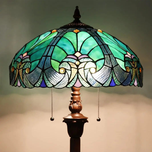 Tiffany Floor Lamp,Stained Glass Lamp Shade,Vintage Antique Style Standing Double Light For Living Room