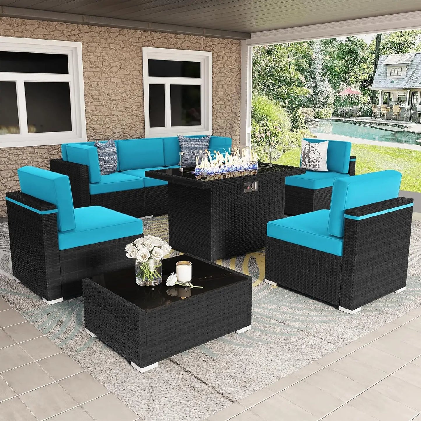 Patio Furniture Set  Fire Pit Table, Outdoor Sectional Wicker Conversation Sofa Sets