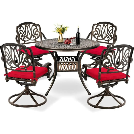 All-Weather Cast Aluminum Furniture Patio Conversation Set 4 Swivel Chairs and 35.4" Table w/Cushions