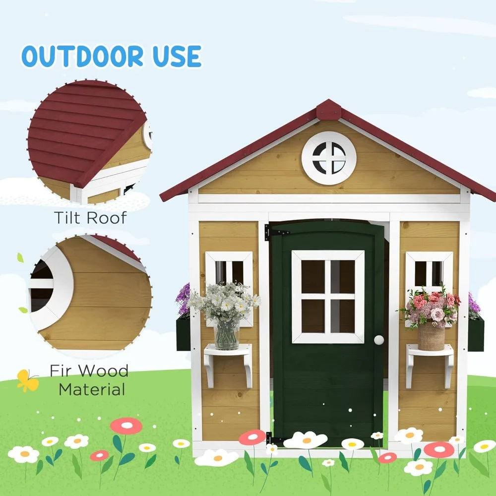 Playhouse for Kids Outdoor, Wooden Playhouse with Doors, Windows, Planter Pots and Boxes for Toddlers 3-8 Years