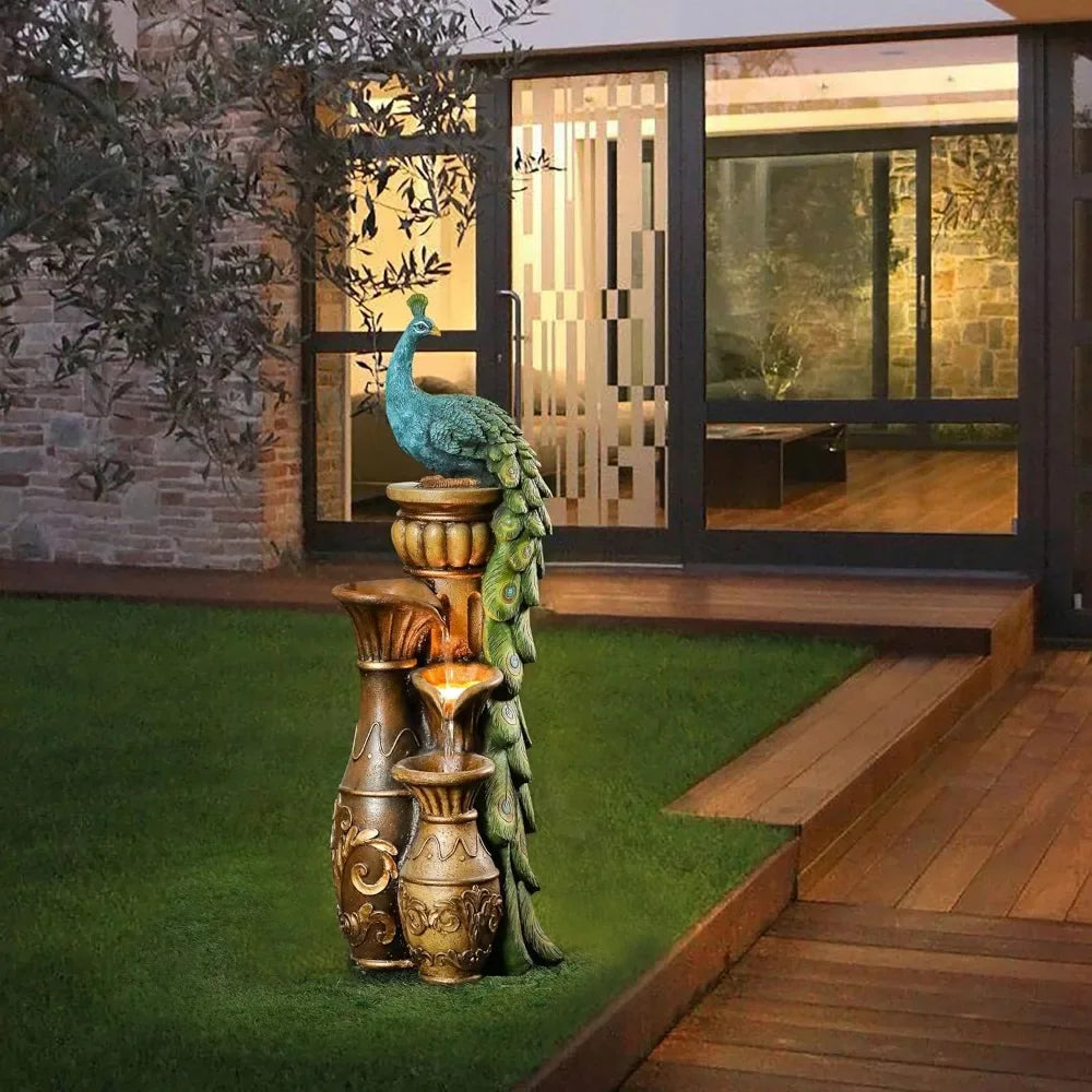Outdoor fountain, 44 inch resin peacock, outdoor fountain with LED lights