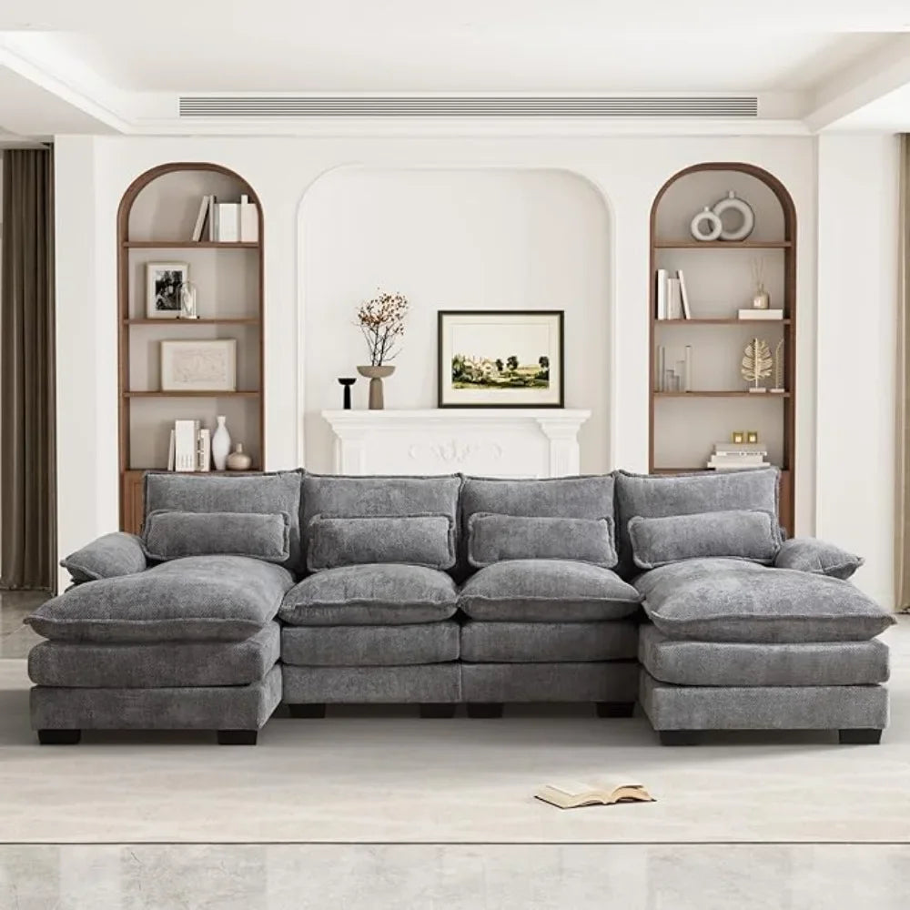 110" U Shape Sectional Cloud Couch,Modern Chenille Comfy Modular Sofa, 4 Seat Sleeper,Double Chaise